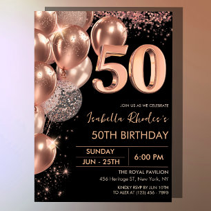 Black Rose Gold 50th Birthday Glam Balloons Invitation