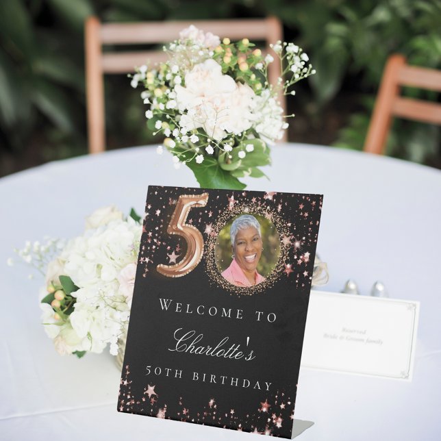 Black rose gold 50th photo birthday party welcome pedestal sign (Creator Uploaded)
