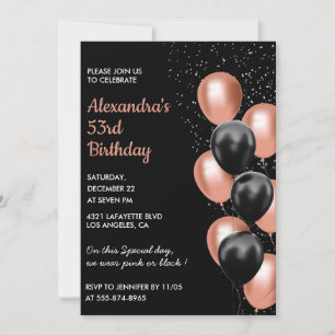 Black Rose gold 53rd birthday invitation Balloon