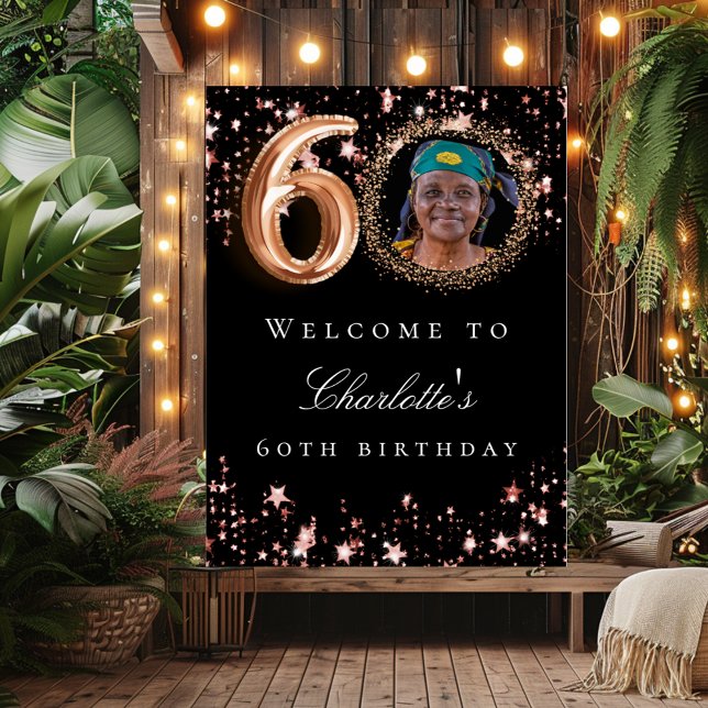 Black rose gold 60th photo birthday party welcome poster (Creator Uploaded)