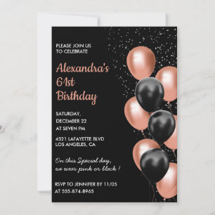 Black Rose gold 61st birthday invitation Balloon