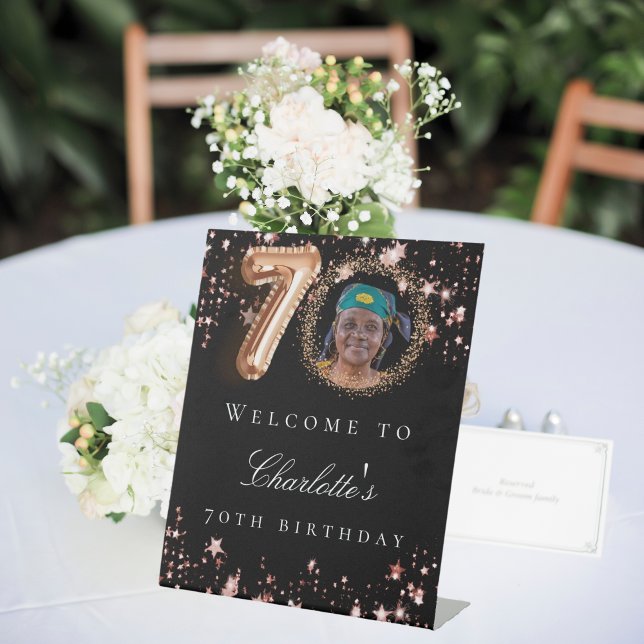 Black rose gold 70th photo birthday party welcome pedestal sign (Creator Uploaded)
