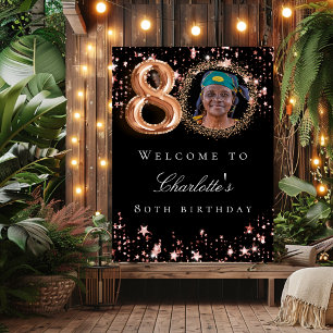 Black rose gold 80th photo birthday party welcome poster