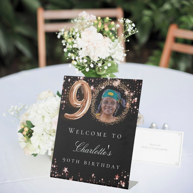 Black rose gold 90th photo birthday party welcome pedestal sign (Creator Uploaded)
