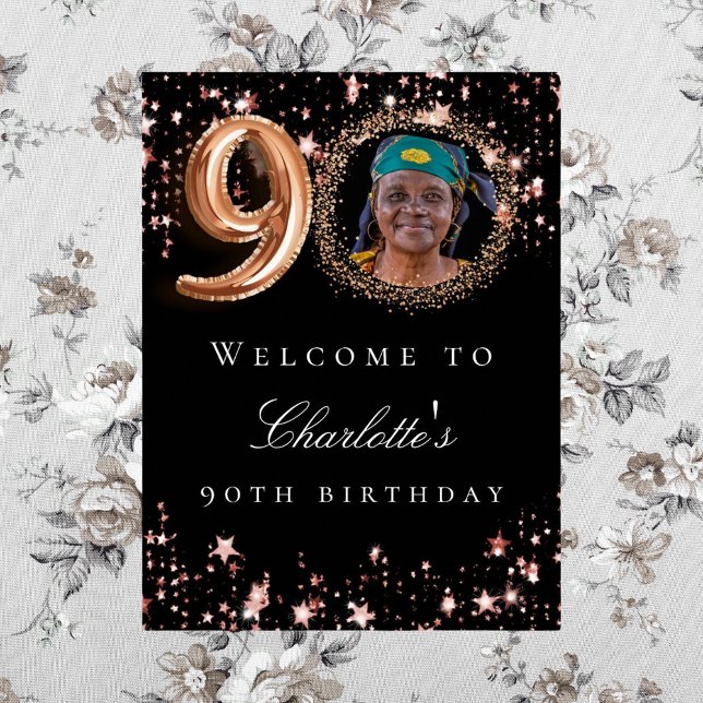 Black rose gold 90th photo birthday party welcome poster (Creator Uploaded)
