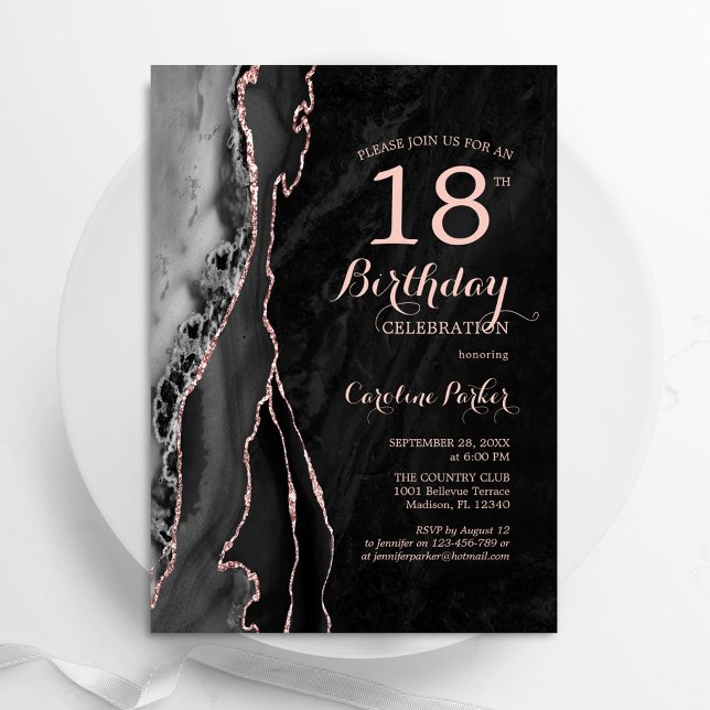 Black Rose Gold Agate 18th Birthday Invitation (Creator Uploaded)