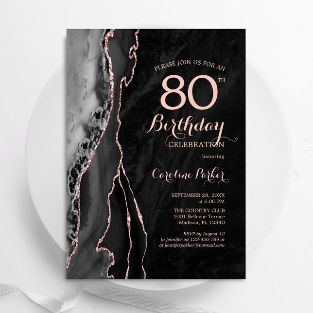 Black Rose Gold Agate 80th Birthday Invitation (Creator Uploaded)
