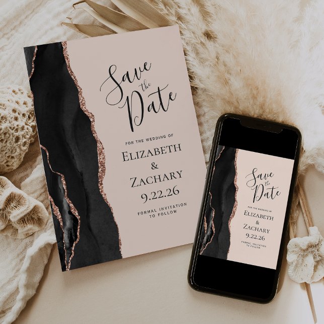 Black Rose Gold Agate Blush Save the Date Invitation (Creator Uploaded)