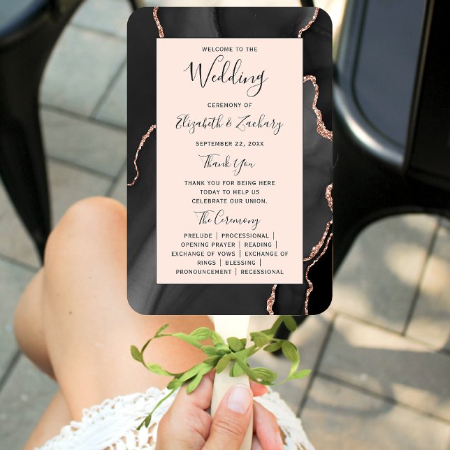 Black Rose Gold Agate Blush Wedding Program Hand Fan (Creator Uploaded)