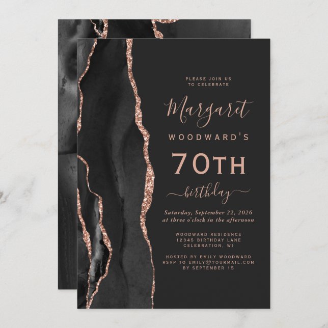 Black Rose Gold Agate Dark 70th Birthday Party Invitation (Front/Back)
