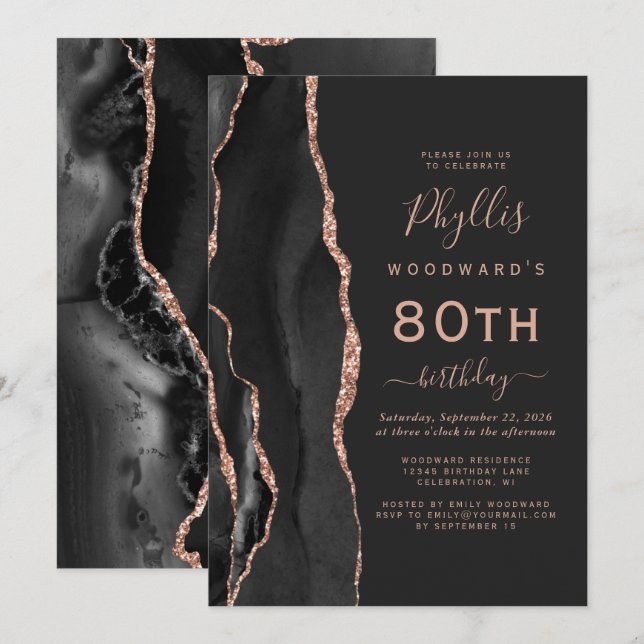 Black Rose Gold Agate Dark 80th Birthday Party Invitation (Front/Back)