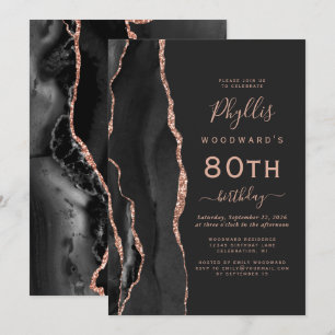 Black Rose Gold Agate Dark 80th Birthday Party Invitation