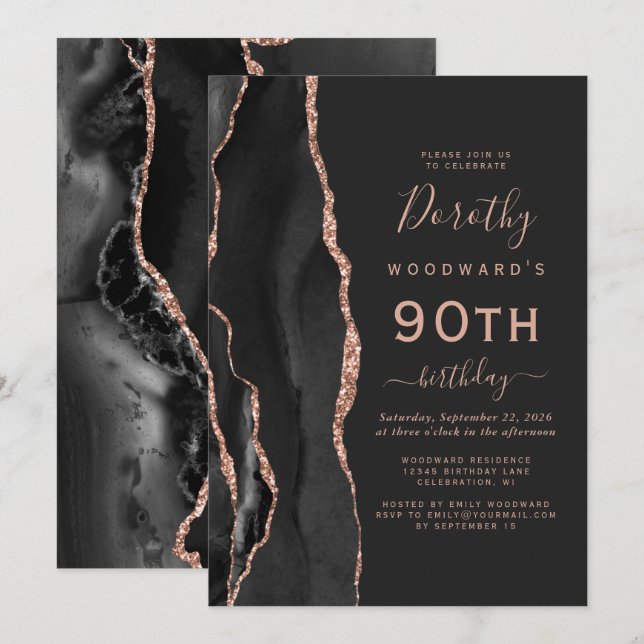 Black Rose Gold Agate Dark 90th Birthday Party Invitation (Front/Back)