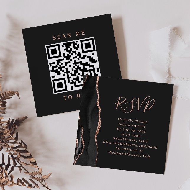Black Rose Gold Agate Dark Wedding QR Code RSVP Enclosure Card (Creator Uploaded)