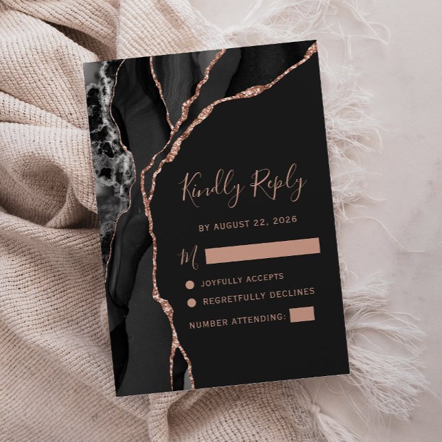 Black Rose Gold Agate Dark Wedding RSVP (Creator Uploaded)