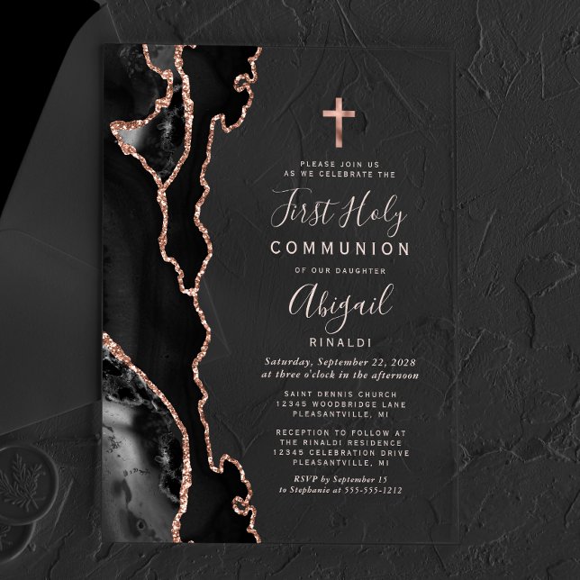 Black Rose Gold Agate First Holy Communion Acrylic Invitations (Creator Uploaded)