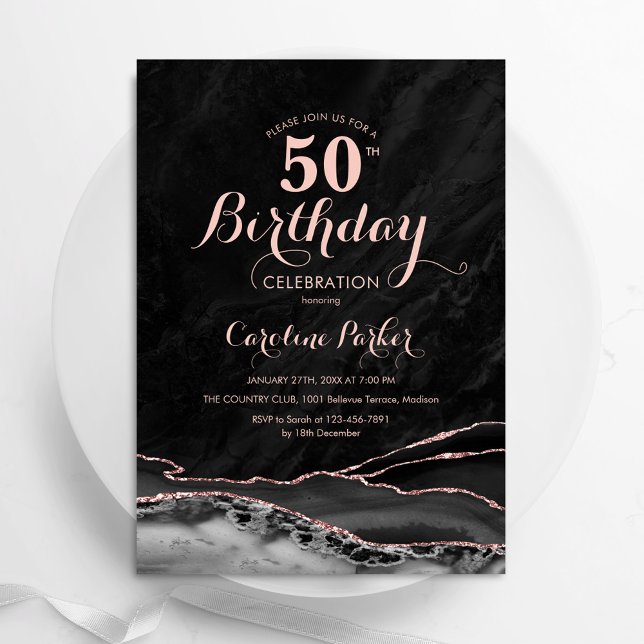 Black Rose Gold Agate Marble 50th Birthday Invitation (Creator Uploaded)