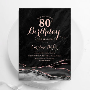 Black Rose Gold Agate Marble 80th Birthday Invitation