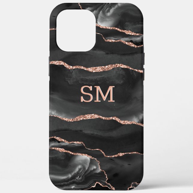 Black Rose Gold Agate Modern Monogrammed Case-Mate iPhone Case (Back)