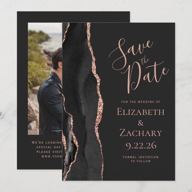 Black Rose Gold Agate Photo Dark Save the Date Invitation (Front/Back)