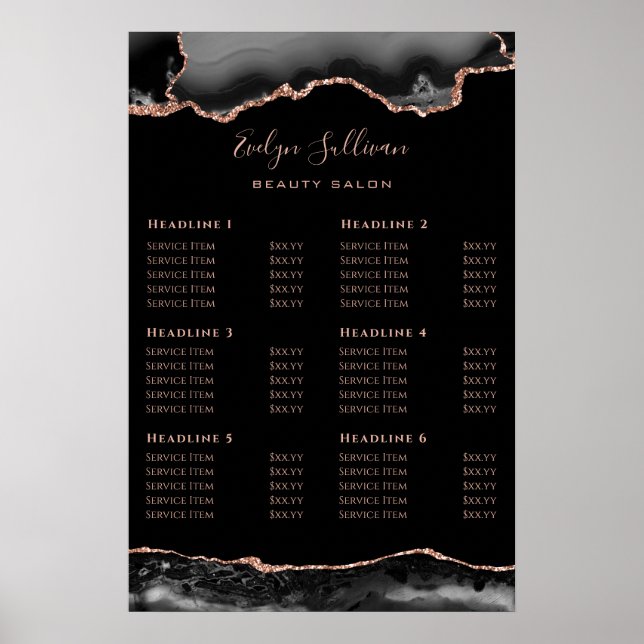 Black Rose Gold Agate Price List Poster (Front)