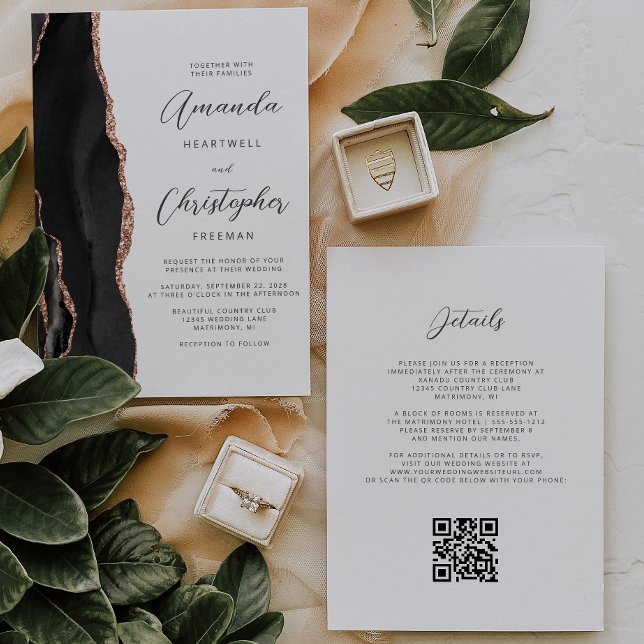 Black Rose Gold Agate QR Code Wedding Invitation (Creator Uploaded)