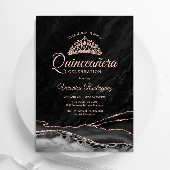 Black Rose Gold Agate Quinceanera Invitation (Creator Uploaded)