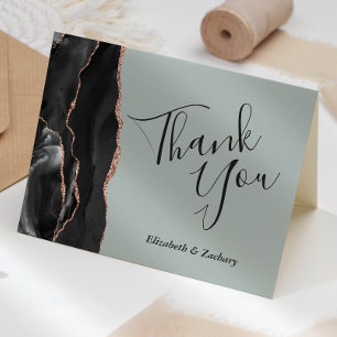 Black Rose Gold Agate Sage Green Wedding Thank You Card