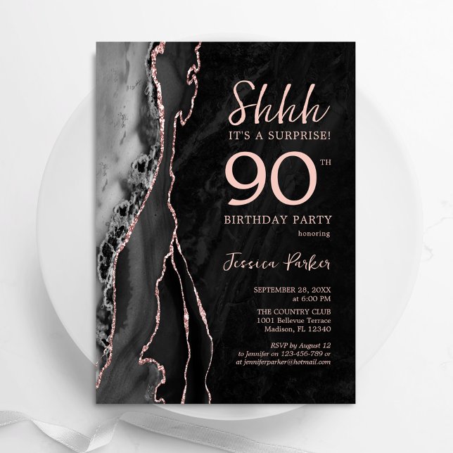 Black Rose Gold Agate Surprise 90th Birthday Invitation (Creator Uploaded)