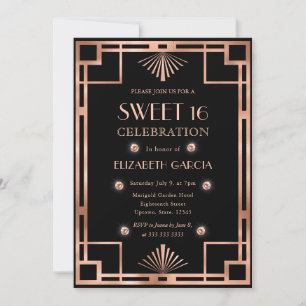 Black & Rose Gold Art Deco Vintage Frame Sweet 16 Invitation