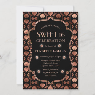 Black & Rose Gold Art Deco Vintage Frame Sweet 16 Invitation