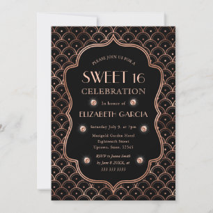 Black & Rose Gold Art Deco Vintage Frame Sweet 16 Invitation