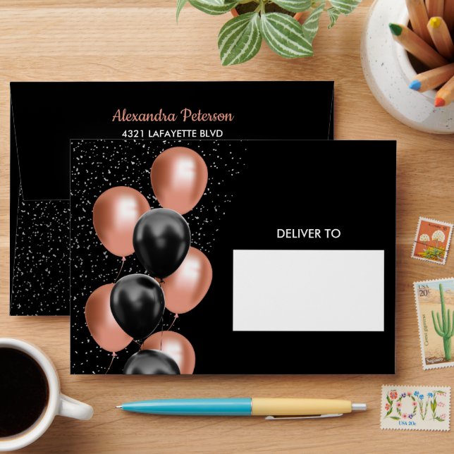 Black Rose Gold Balloon Birthday Chic  Envelope (Desk)