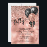 Black Rose Gold Balloon Bow Glitter 50th Birthday Invitation<br><div class="desc">Modern Elegant Glam Black Pink Rose Gold Glitter Sparkle Confetti Ribbon Bow Balloon 50th Birthday Invitation</div>