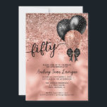 Black Rose Gold Balloon Bow Glitter 50th Birthday Invitation<br><div class="desc">Modern Elegant Glam Black Pink Rose Gold Glitter Sparkle Confetti Ribbon Bow Balloon 50th Birthday Invitation</div>