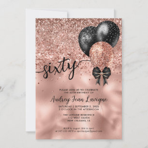 Black Rose Gold Balloon Bow Glitter 60th Birthday Invitation