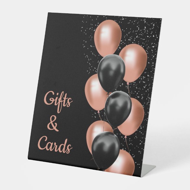 Black Rose Gold Balloon Chic Birthday Gifts Cards Pedestal Sign (Front)