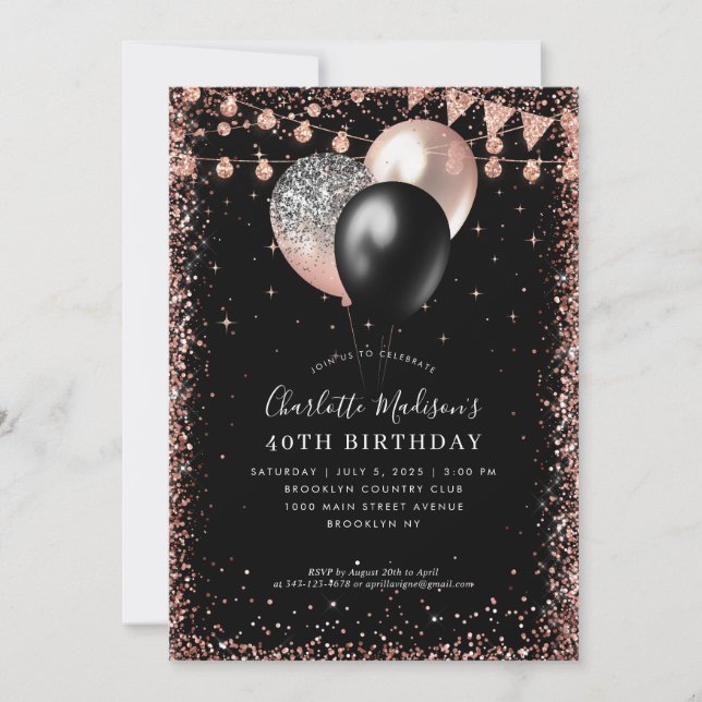 Black Rose Gold Balloon Lights Any Age Birthday Invitation (Front)