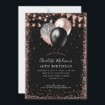 Black Rose Gold Balloon Lights Any Age Birthday Invitation<br><div class="desc">Modern Elegant Black Rose Gold Glitter String Lights Banner Balloon Any Age Birthday</div>