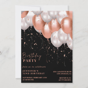 Black Rose gold Balloons 52nd birthday Invitation