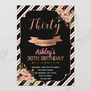 Black rose gold birthday invitation