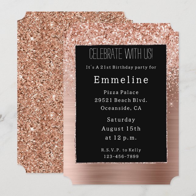 Black Rose Gold Blush Glitter Invitation (Front/Back)