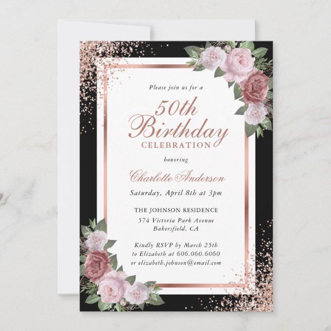 Black Rose Gold Blush Pink Floral 50th Birthday Invitation (Front)