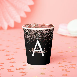 Black Rose Gold Blush Pink Glitter Monogram Paper Cups