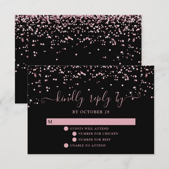 Black Rose Gold Blush Pink Glitter Wedding RSVP (Front/Back)