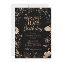 Black Rose Gold Botanical Birthday Invitation