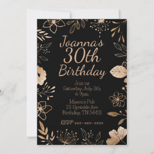 Black Rose Gold Botanical Birthday Invitation
