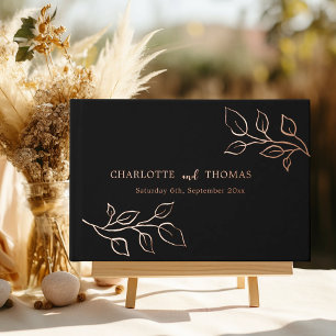 Black rose gold botanical luxury wedding  guest book