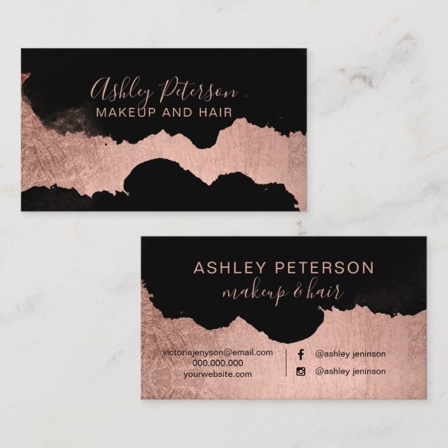 Black rose gold brushstroke hair makeup typography business card (Front/Back)