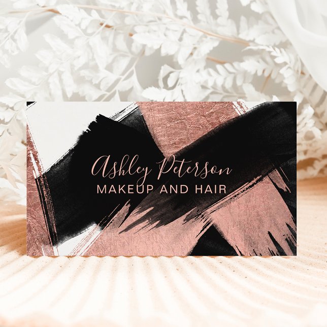 Black rose gold brushstroke hair makeup typography business card (Creator Uploaded)